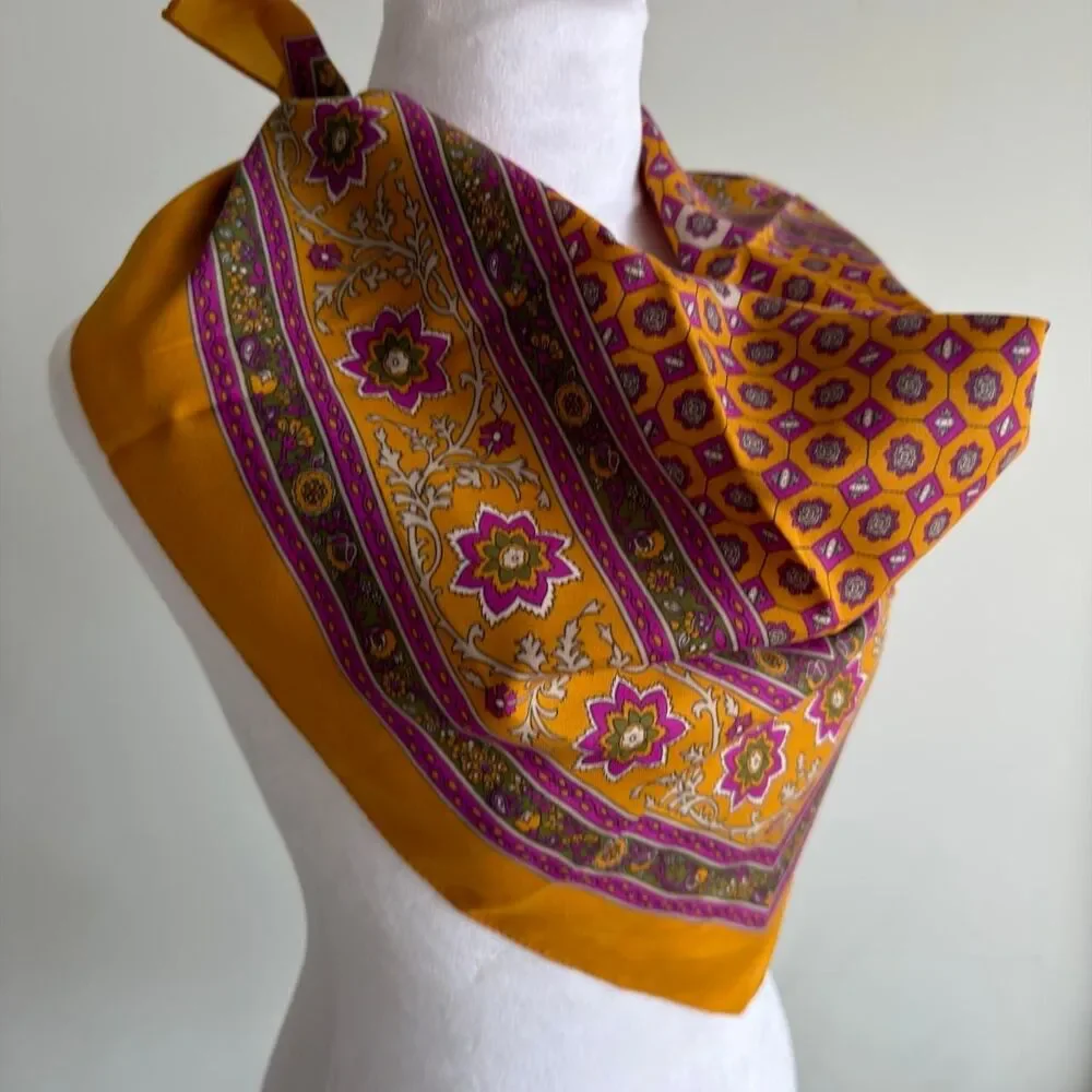 Vintage Italian Silky Scarf Orange & Purple Geometric Print 70's Old Money Twee